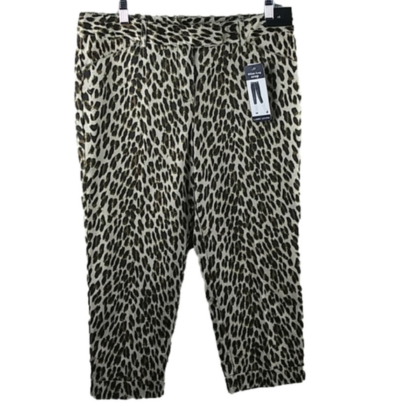 Larry Levine Natural Leopard Print Mid Rise Cuff Hem Slim Leg Cropped Pant - Picture 1 of 15